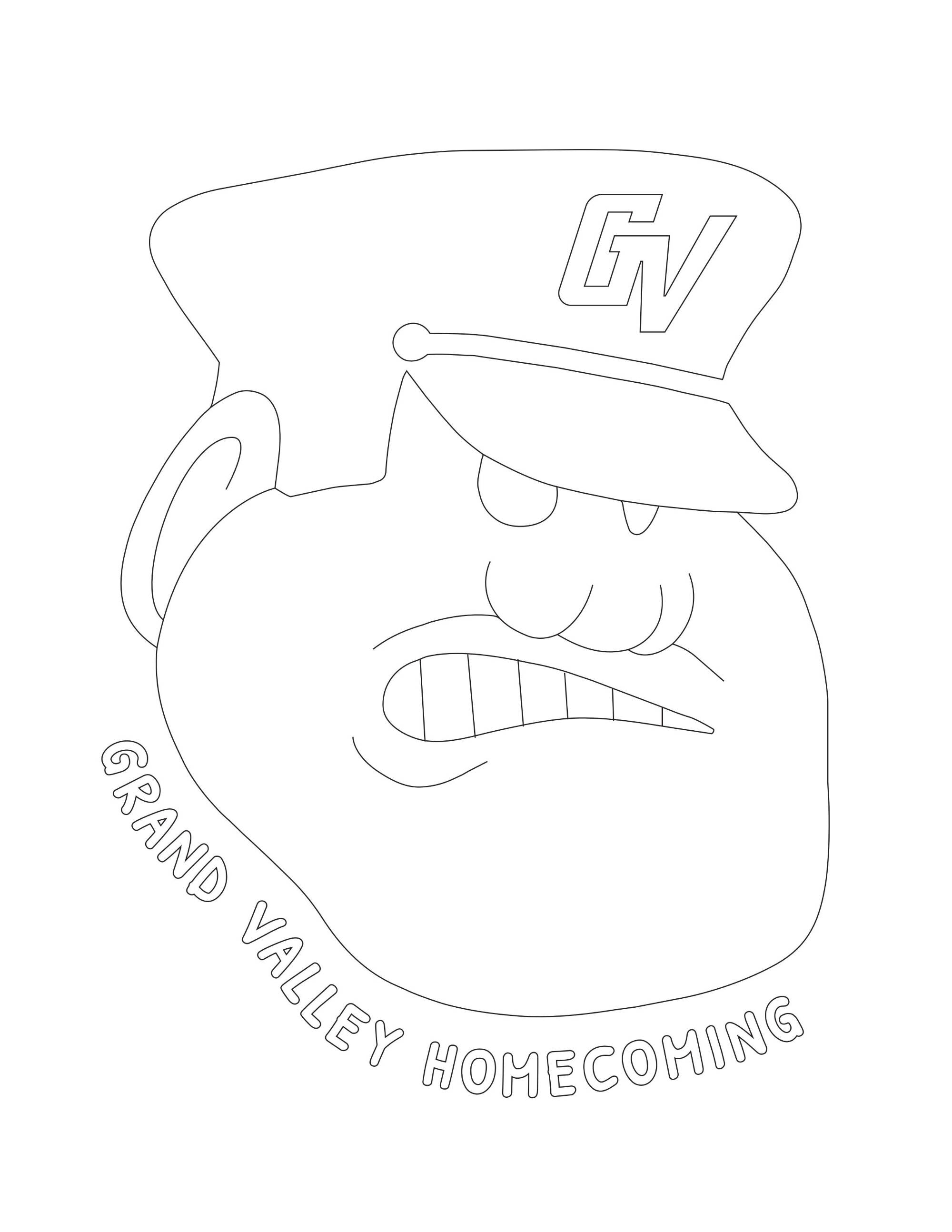 Coloring sheet of Louie the Laker with text Grand Valley Homecoming